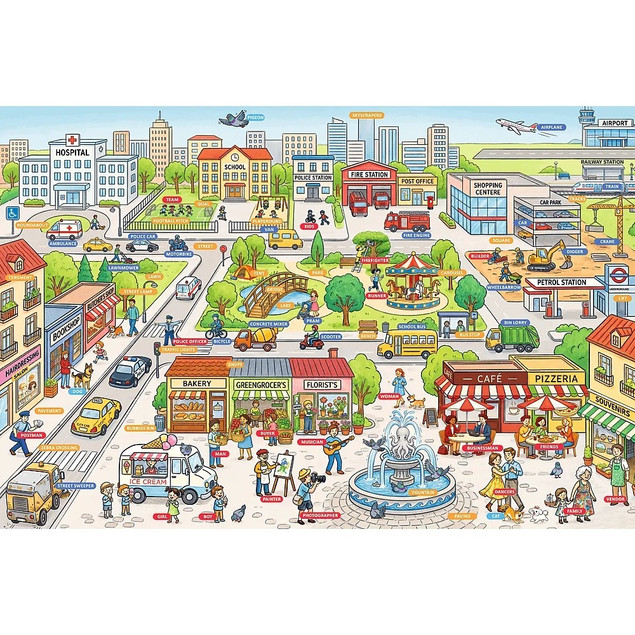 Trefl Puzzle Rodzina Treflików, Edukacyjne 104 el. Poznajemy miasto