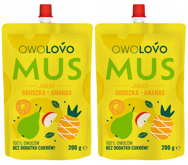 2x OwoLovo Mus JABŁKO GRUSZKA ANANAS Dla Dzieci Bez Cukrów 200g