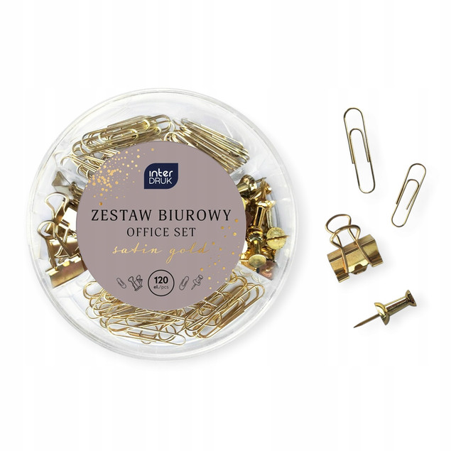 Zestaw Biurowy 120 szt. SATIN GOLD: Spinacze, Pinezki, Klipsy