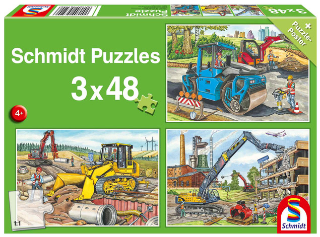Puzzle Schmidt Spiele Pojazdy Budowlane 3x48 el. dla Dzieci 3+ z Plakatem
