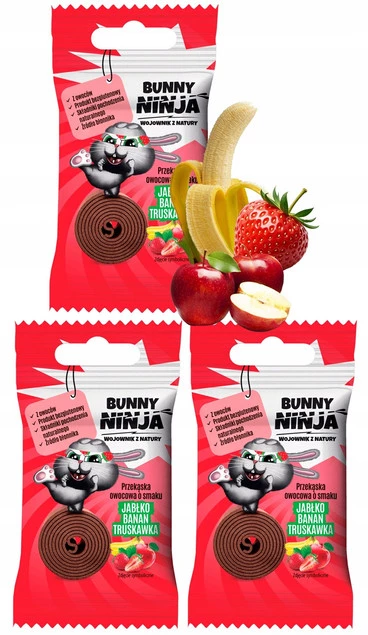 BUNNY NINJA Owocowa Przekąska JABŁKO BANAN TRUSKAWKA 15g x3