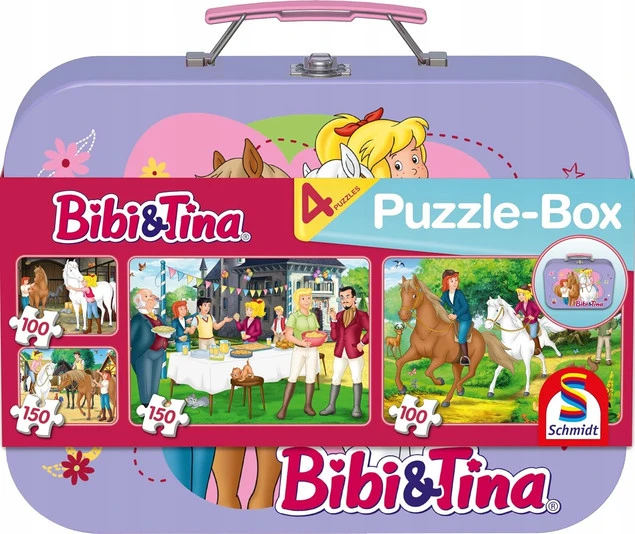 Zestaw puzzli Bibi i Tina Schmidt Spiele 2x100 2x150 elementów w metalowej skrzynce