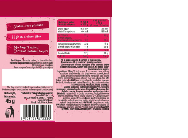 FRANK&OLI Ciastko Sakura Cookie Kwiat Wiśni Japońskiej Bezglutenowe 45g