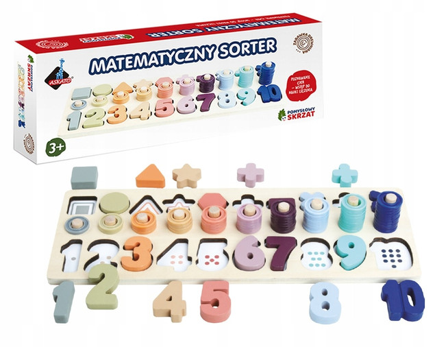 ASKATO Drewniany Sorter Matematyczny Nauka Cyferek Liczenie Kolory 3+