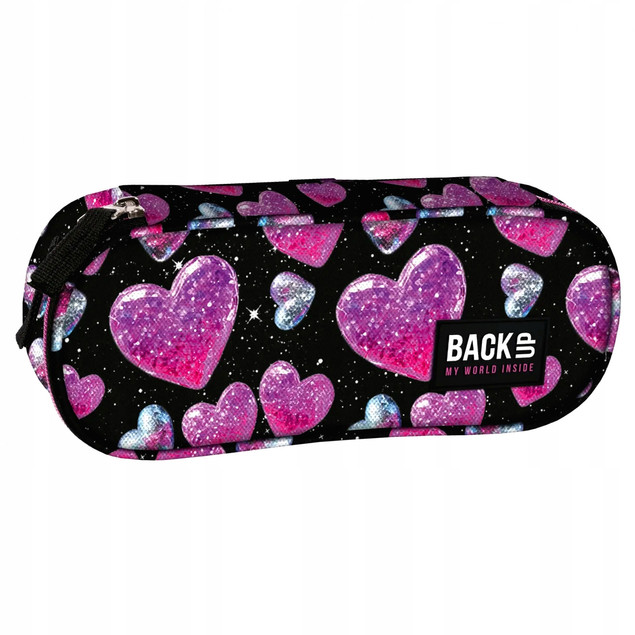 Piórnik BackUp Brokatowe Serca – czarny różowy, 23×9×5 cm
