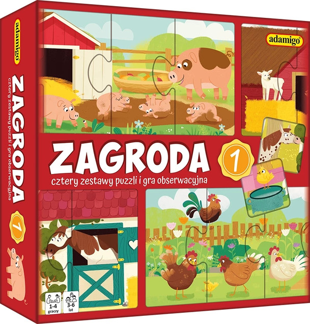 Gra Planszowa Adamigo Zagroda 1 Puzzle Obserwacyjne Zwierzęta dla Dzieci 3+