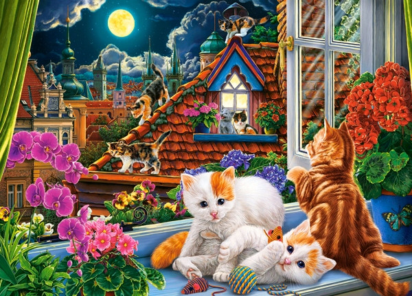 Puzzle 1500 Układanka Koty KOTKI Dach Okno Obraz Kwiaty Zwierzęta 9+ Castor