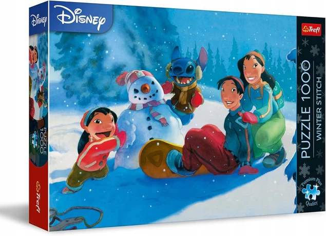 Puzzle 1000 Trefl XMAS Stitch Lilo i Stitch zimowa scena rodzinna