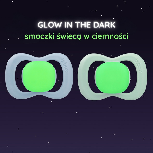 B.Box Smoczek Symetryczny Silikonowy 0-6m Glow 2 szt. Błękit/Szałwia