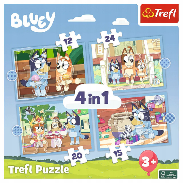Trefl Puzzle 4w1 Bluey i jej świat – Zestaw Układanek dla Dzieci 4+