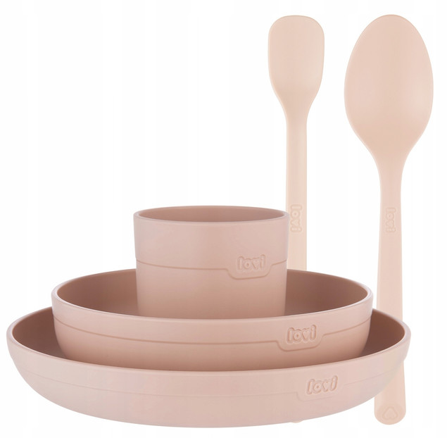 LOVI Zestaw Naczyń z Kubkiem + Pierwsza Łyżeczka i Łyżka Stołowa Łososiowy