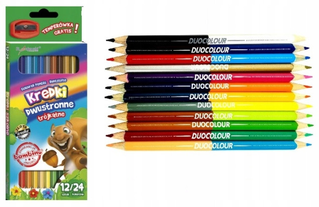 Kredki Szkolne Trójkątne Dwustronne 24 Kolory 12 Sztuk Temperówka Bambino