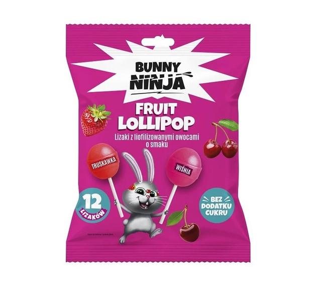 BUNNY NINJA Lizaki Owocowe TRUSKAWKA WIŚNIA Bez Cukry Glutenu 12 x 10g