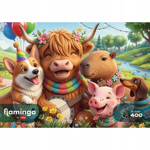 Trefl Puzzle 400 el. Flamingo by Trefl, Urodzinowa ekipa - detal