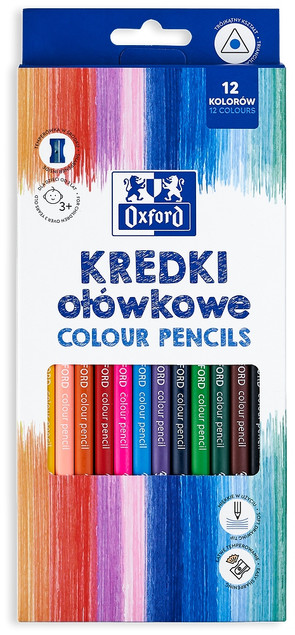 Kredki Ołówkowe Trójkątne Szkolne Oxford 12 Kolorów + Temperówka