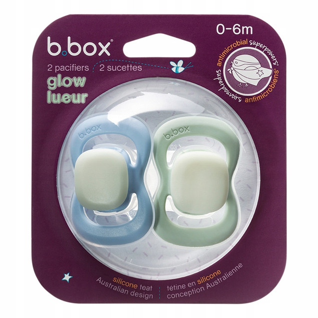 B.Box Smoczek Symetryczny Silikonowy 0-6m Glow 2 szt. Błękit/Szałwia