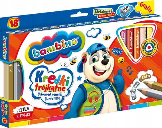 Kredki Trójkątne Szkolne Grube 18 Kolorów Temperówka Bambino