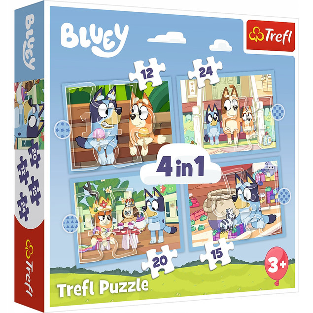 Trefl Puzzle 4w1 Bluey i jej świat – Zestaw Układanek dla Dzieci 4+