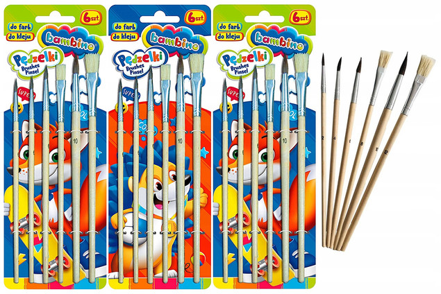 3x Bambino Pędzle Pędzelki Szkolne Zestaw Do Farb 6 Sztuk Bambino