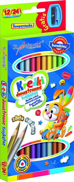 Kredki Szkolne Trójkątne Dwustronne 24 Kolory 12 Sztuk Temperówka Bambino