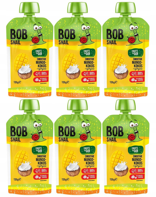 6x BOB SNAIL Smoothie MANGO KOKOS CYTRYNA Bez Dodatku Cukru Mus 120g