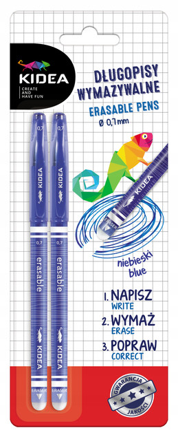 2x Długopis Zmazywalny Niebieski 0,7 mm Wymazywalny Ścieralny Z Gumką Kidea