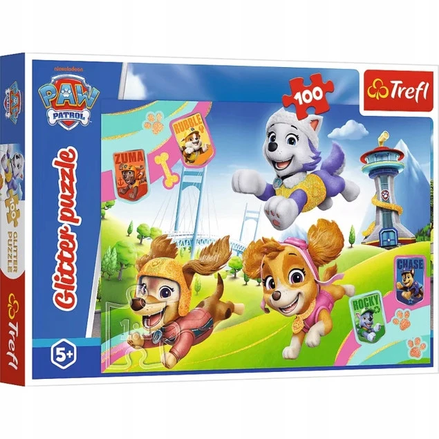 Puzzle 100 elementów Psi Patrol Brokatowe Błyszczące psiaki Trefl 14835 z Chase i Marshallem