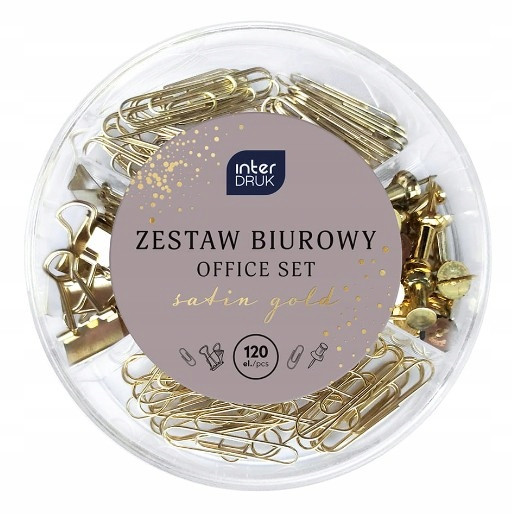 Zestaw Biurowy 120 szt. SATIN GOLD: Spinacze, Pinezki, Klipsy