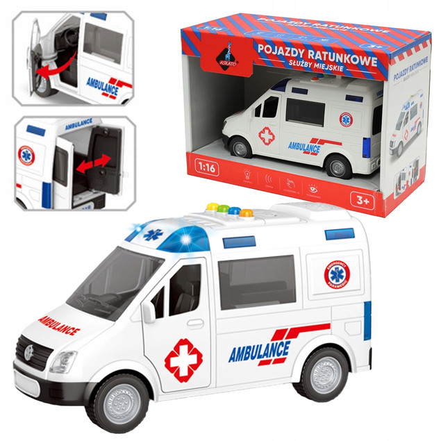 INTERAKTYWNY AMBULANS KARETKA POGOTOWIE 1:16 DŹWIĘK ŚWIATŁO OTWIERANE DRZWI
