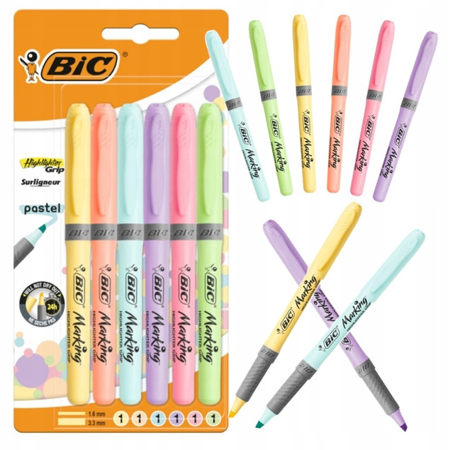 Zakreślacz Szkolny Highlighter PASTEL Grip Biurowy 6 Kolorów BIC