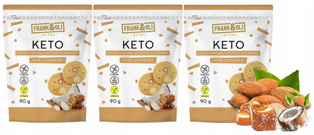 FRANK&OLI Keto Mini Ciasteczka SŁONY KARMEL KOKOS MIGDAŁY Bez Cukru 90g x3