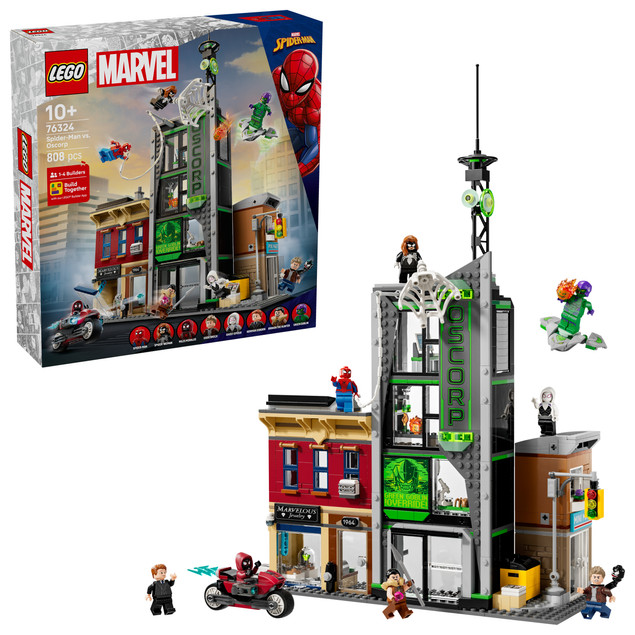 LEGO Marvel 76324 Spider-Man i Oscorp – Zestaw Konstrukcyjny z 8 Minifigurkami