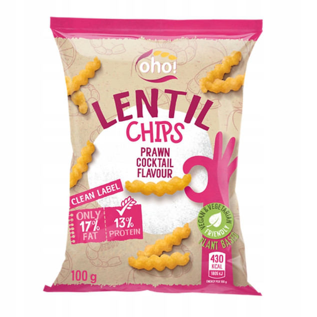 CHIPSY Z CZERWONEJ SOCZEWICY O SMAKU KREWETEK KOKTAJLOWYCH OHO 100G