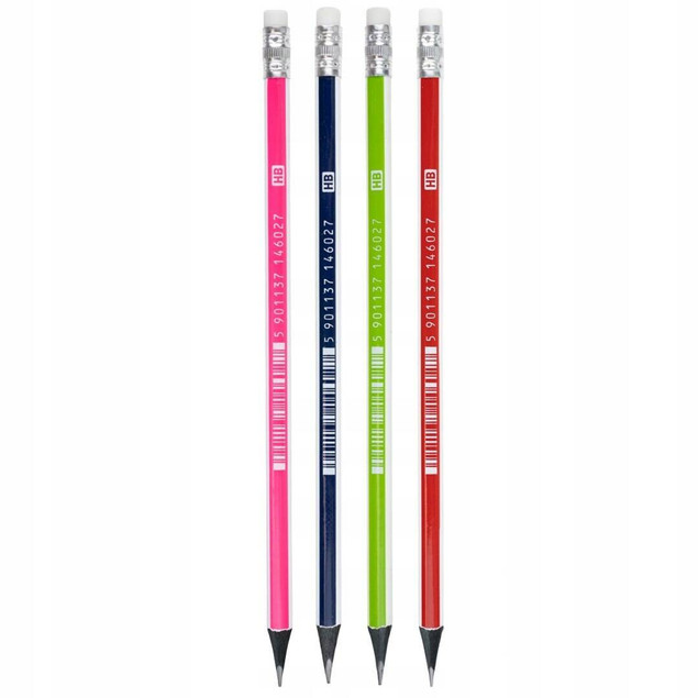 4x Ołówki ASTRA Z CZARNEGO DREWNA z gumką, TRÓJKĄTNE twardość HB