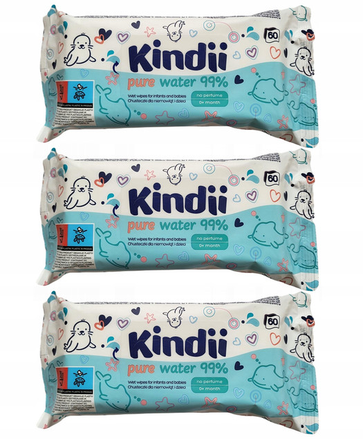 KINDII Chusteczki NAWILŻANE Pure Water WODNE Bez Perfum z Klapką 60 szt. x3
