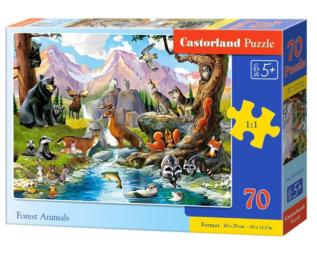 Puzzle 70 Układanka Leśne ZWIERZĘTA Rzeka Las Przyroda Wilki +5 Castorland