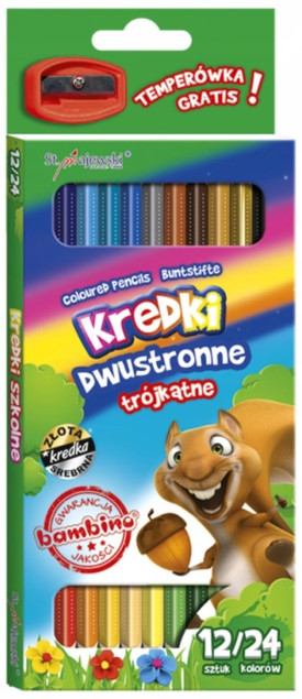 Kredki Szkolne Trójkątne Dwustronne 24 Kolory 12 Sztuk Temperówka Bambino