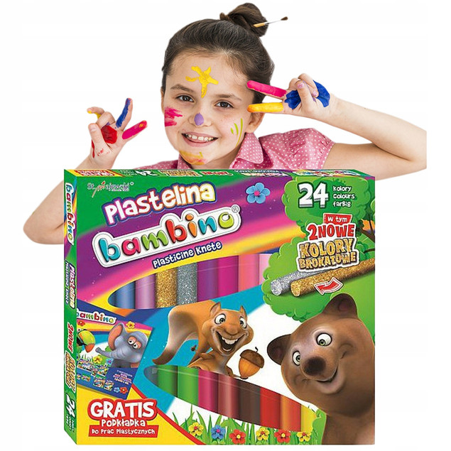 Bambino plastelina szkolna 24 kolory (złota, srebrna brokatowa) + podkładka