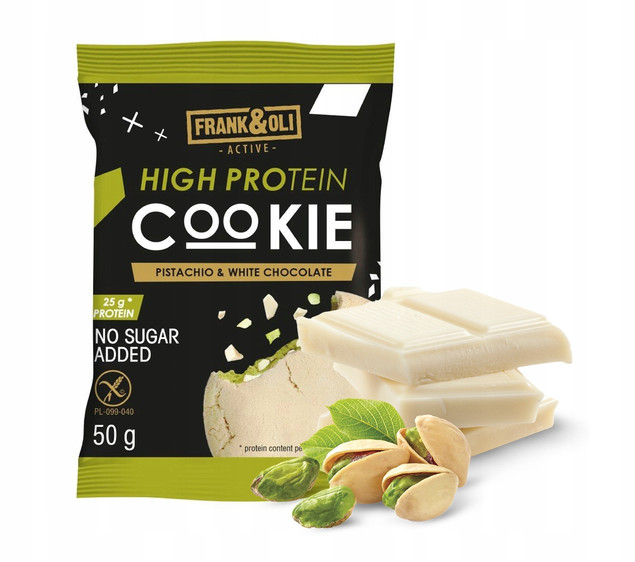 FRANK&OLI Ciastko Proteinowe PISTACJA BIAŁA CZEKOLADA Miękkie 50g