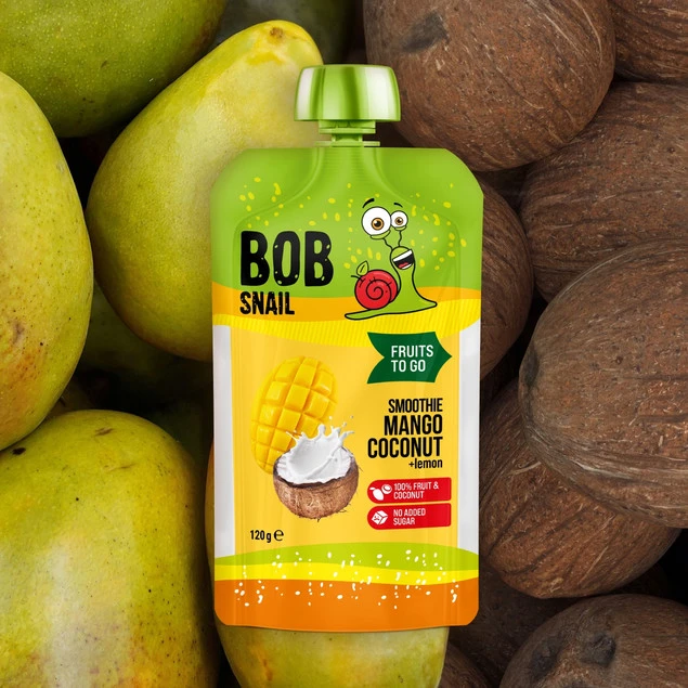Mus owocowy 100% owoców bez dodatku cukru BOB SNAIL Mango Kokos 10х120g_3
