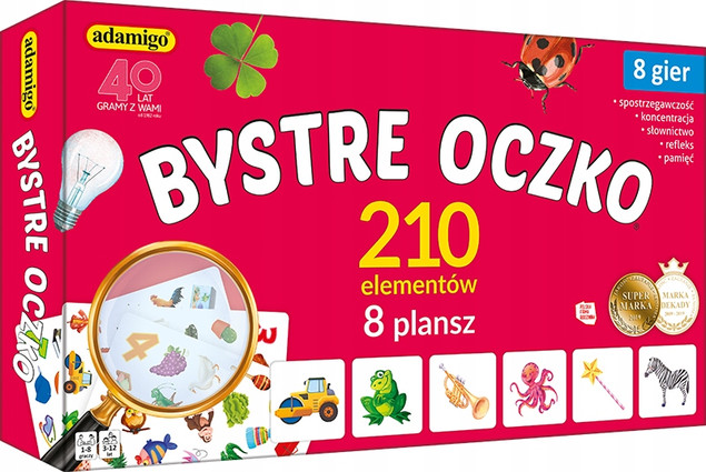 Gra Planszowa Adamigo Bystre Oczko 8w1 – Edukacyjna Loteryjka dla Dzieci 4+