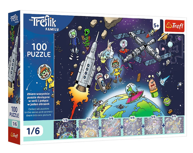 Puzzle Trefl 100 elementów: Rodzina Treflików w Kosmosie - Treflinka (1/6)