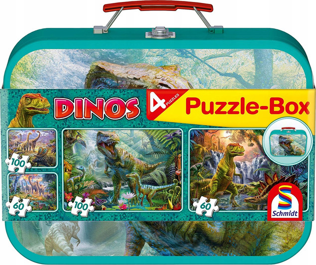 Puzzle Dinozaury 2x60 + 2x100 Schmidt Spiele w Metalowej Walizce