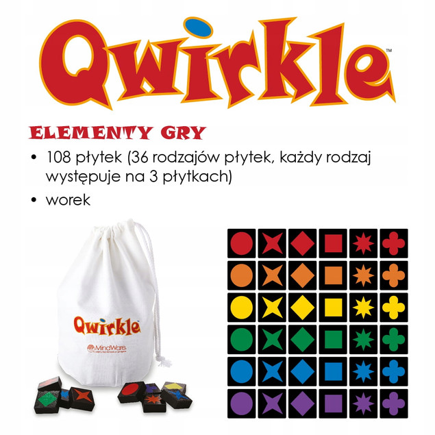 Qwirkle – gra planszowa dopasuj kolory i kształty, 2-4 graczy, 6+, 108 płytek