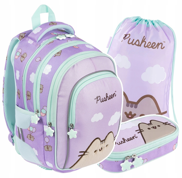 Zestaw Szkolny PUSHEEN Plecak Piórnik Worek FIOLETOWY St.Majewski