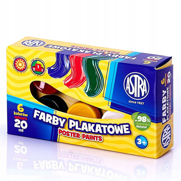 Farby Szkolne Plakatowe Do Prac Plastycznych Dla Dzieci 6 kol 20ml 3+ Astra