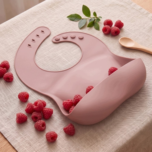 Śliniak Silikonowy Bocioland Różowy z Kieszonką | BLW | BPA Free