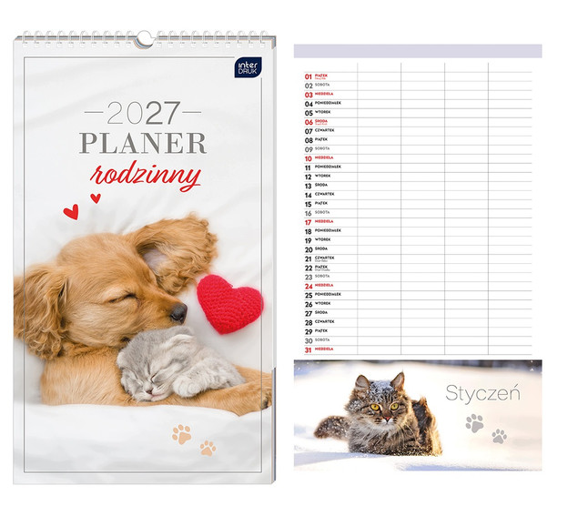 Kalendarz ścienny Interdruk 2027 planner rodzinny 25x43 cm Zwierzaki