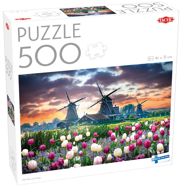 Puzzle Tactic 500 elementów Old Mills and Tulips – Krajobraz Starych Młynów i Tulipanów