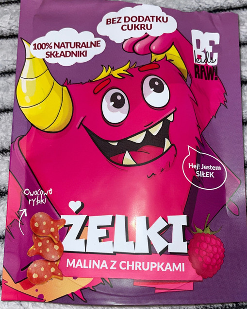 BE RAW KIDS żelki bez cukru żelatyny MALINA z CHRUPKAMI owocowe rybki 35g